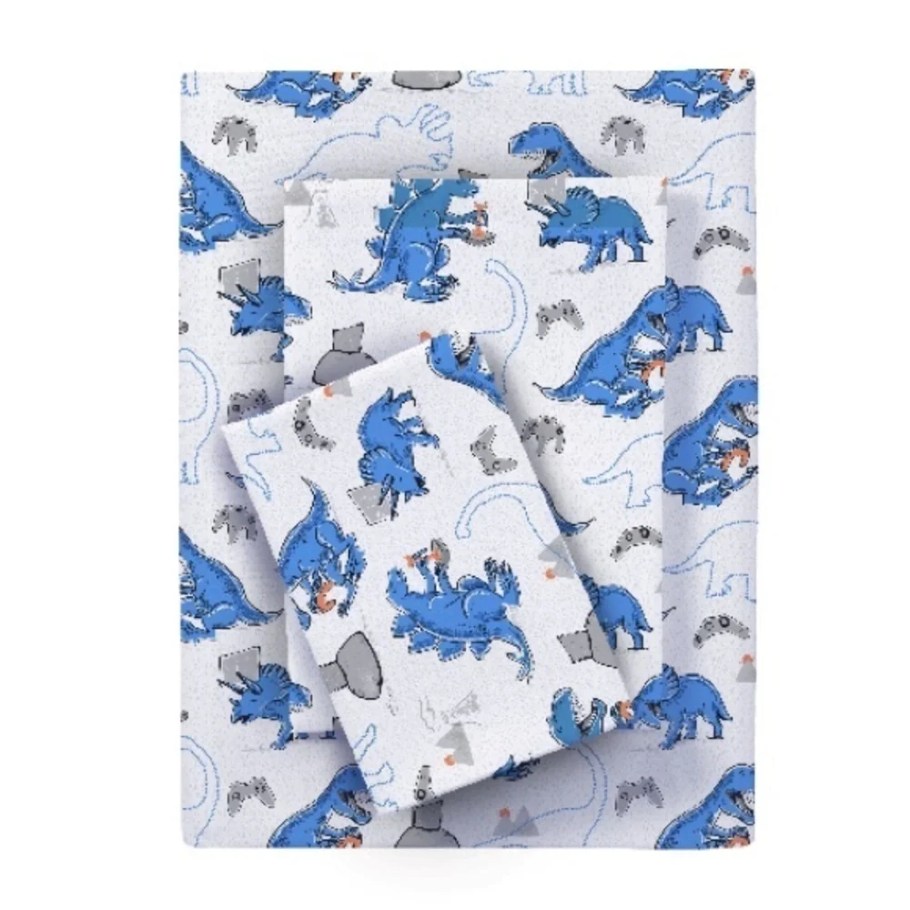 🆕 Gaming Dinosaur Sheets Twin Set in Velcro Storage Bag Blue White